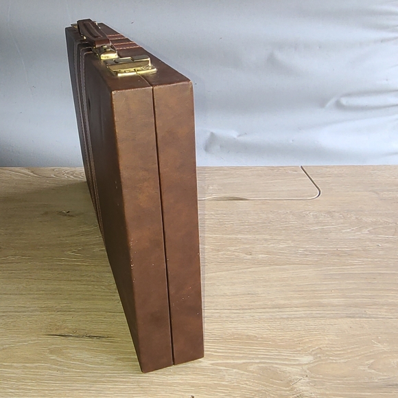 Vintage Backgammon Set Travel Board Game Brown Faux Leather Case Handle 15x10” - Picture 5 of 11